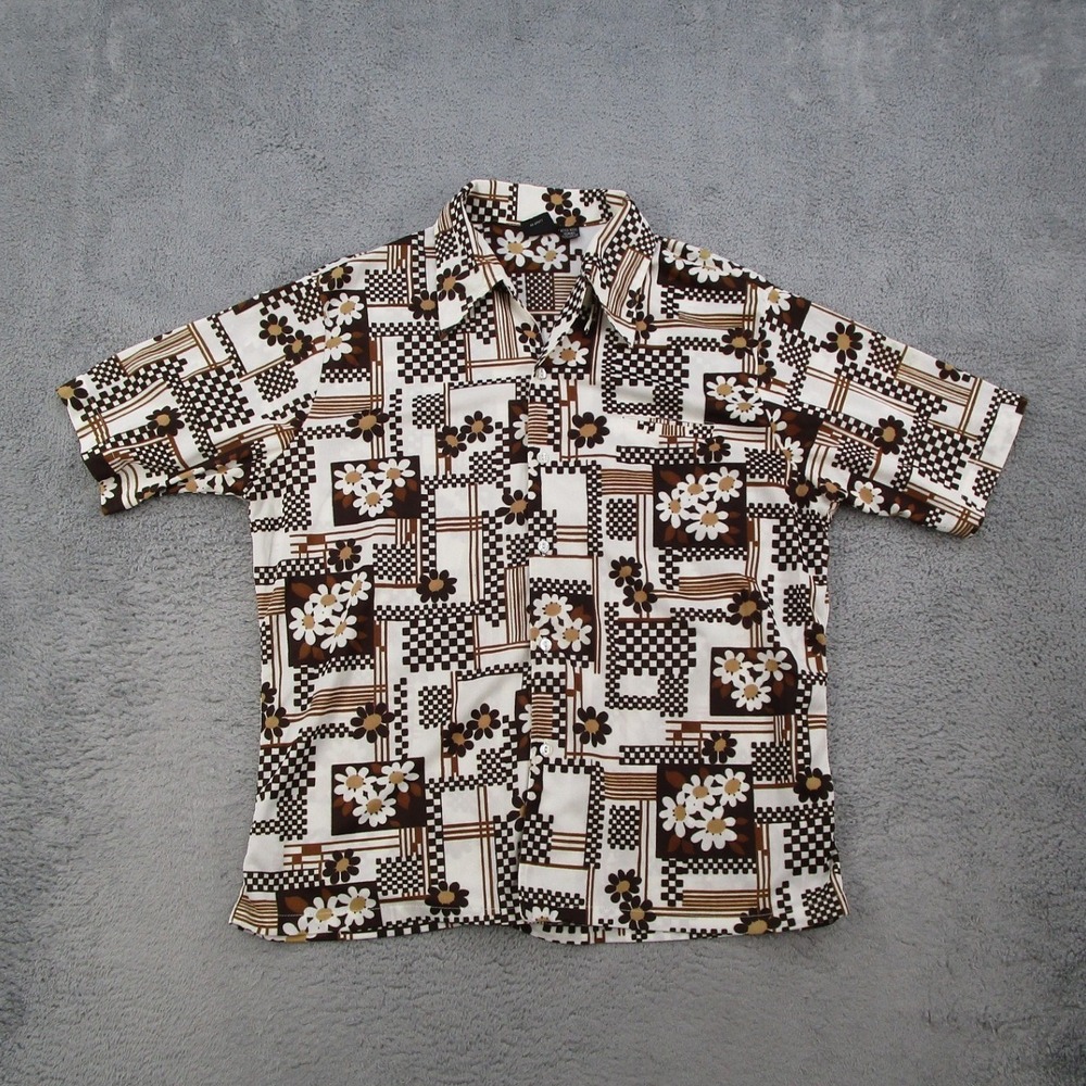 Vintage Joel California 70s Floral Geo Disco Shirt Mens XL Brown Loop Collar